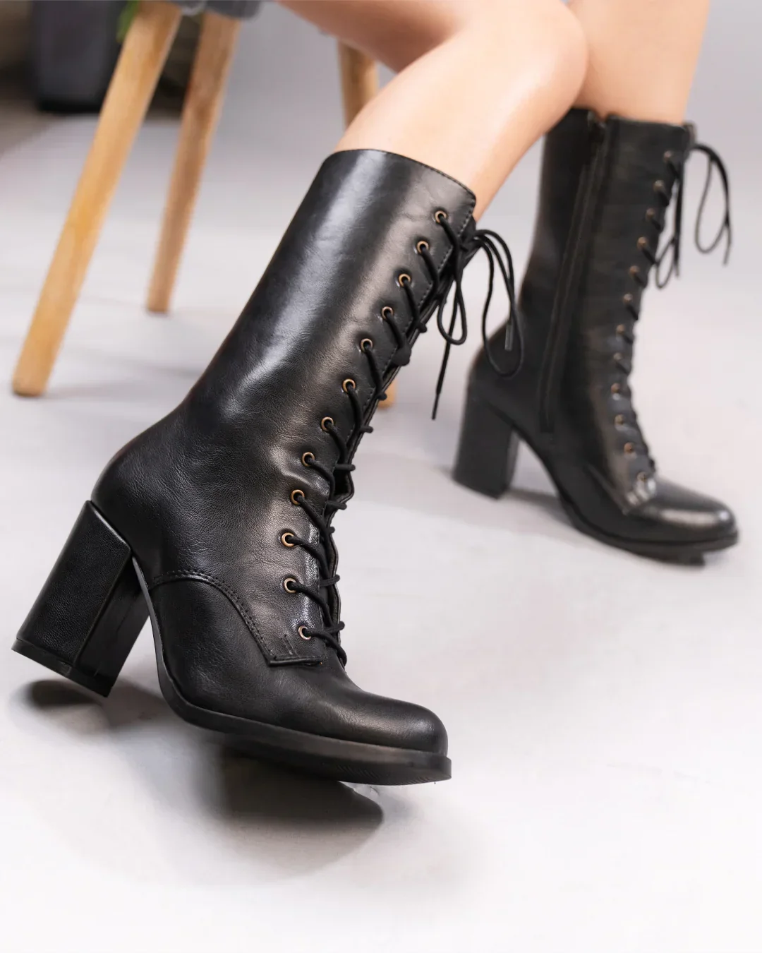Lace-Up Slim Fit Solid Knee-High Block Heel Boots in Black - Image 5