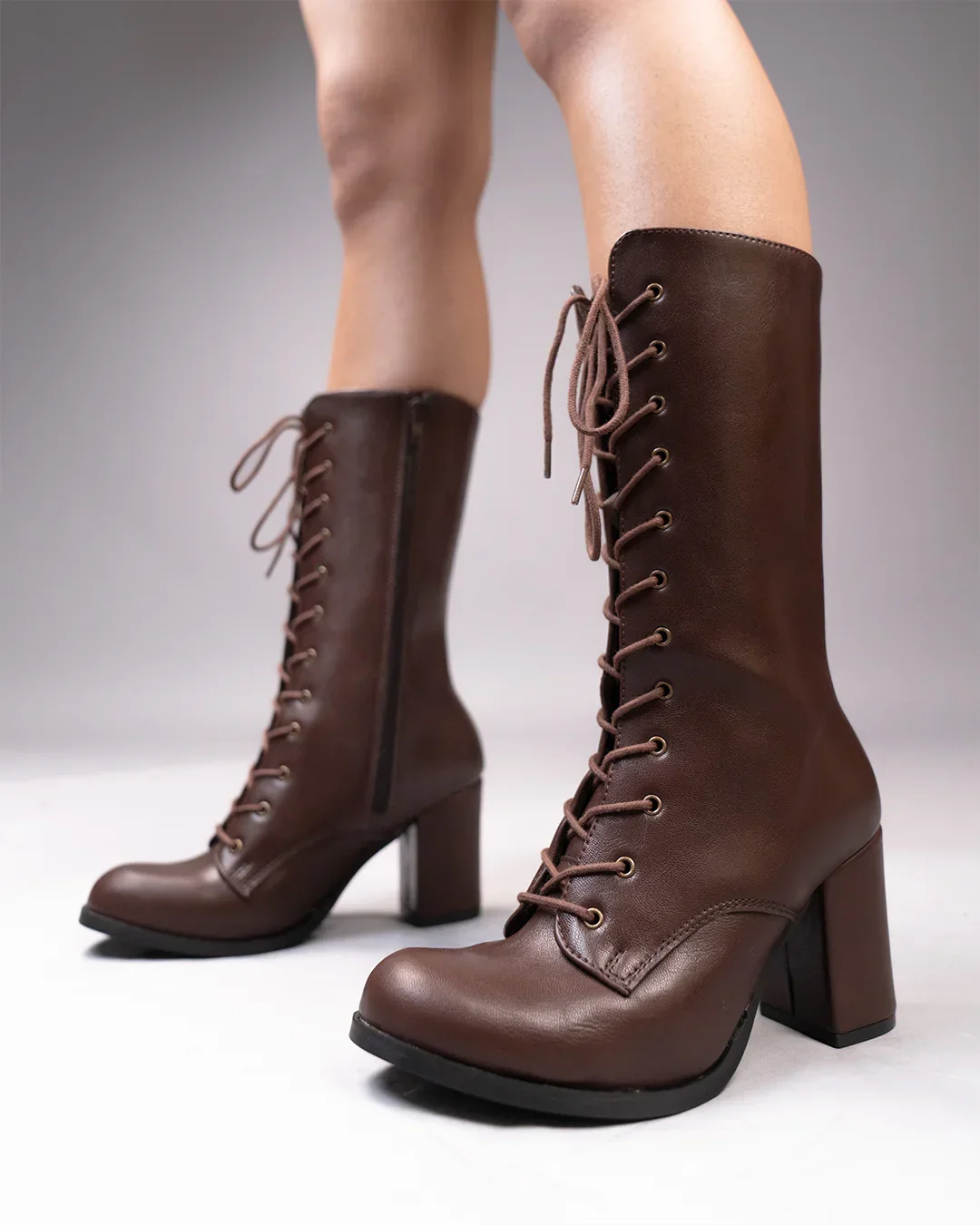 Lace-Up Slim Fit Solid Knee-High Block Heel Boots in Coffee - Image 3