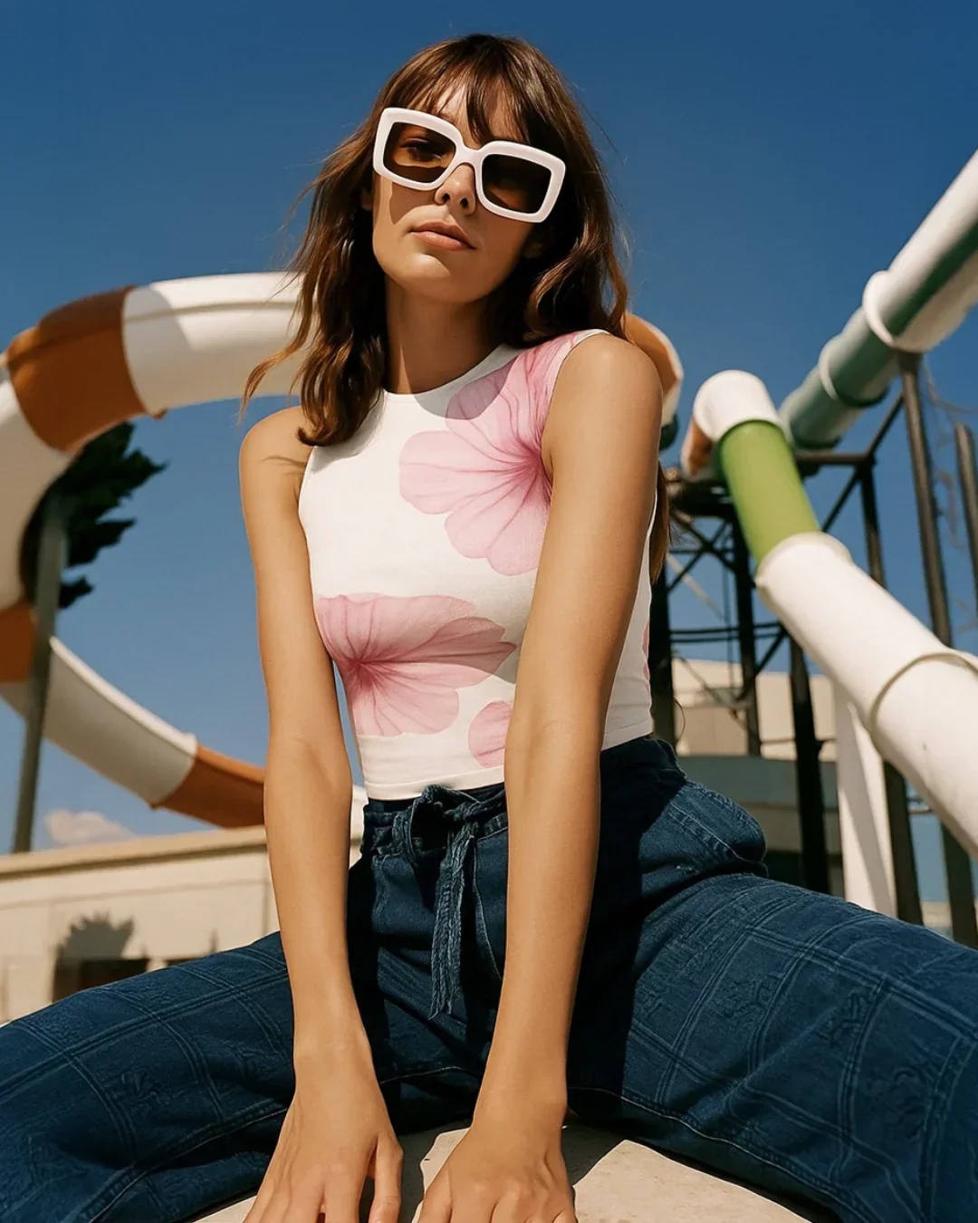 Floral Round Neck Sleeveless Top in White and Pink - Image 2