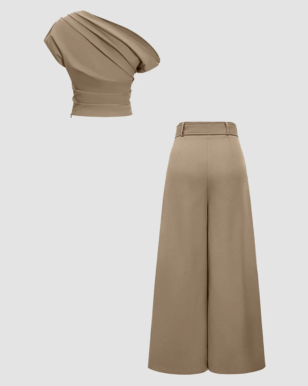 Latte One Shoulder Ruched Top & Wide-Leg Trousers Set - Image 2