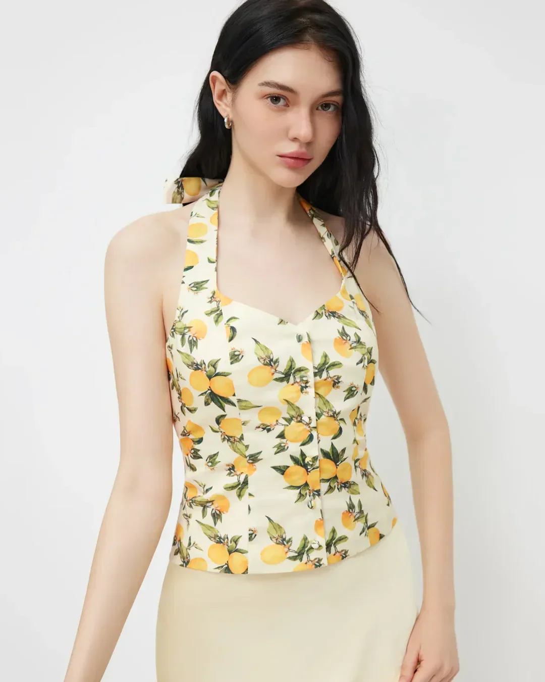 Lemon Print Ruched Halter Neck Top - Image 3