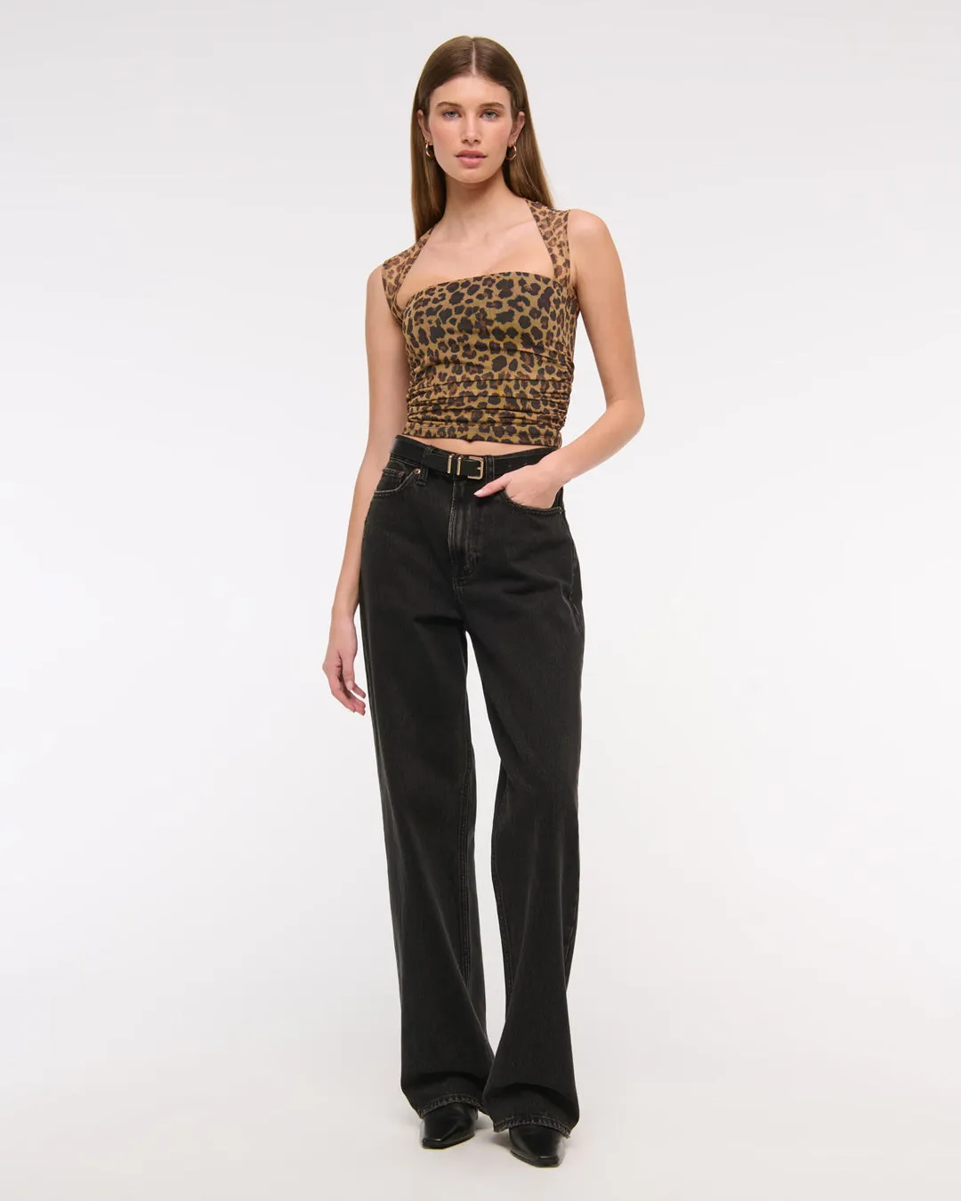 Leopard Print Mesh Panel Fitted Crop Top - Image 2