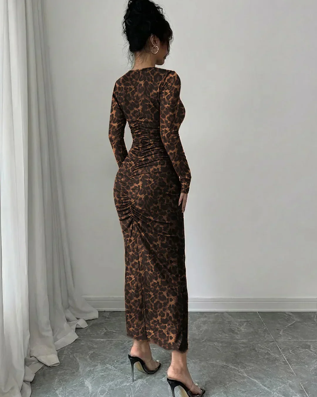 Leopard Print Mesh Ruched Long Sleeve Bodycon Midi Dress - Image 2