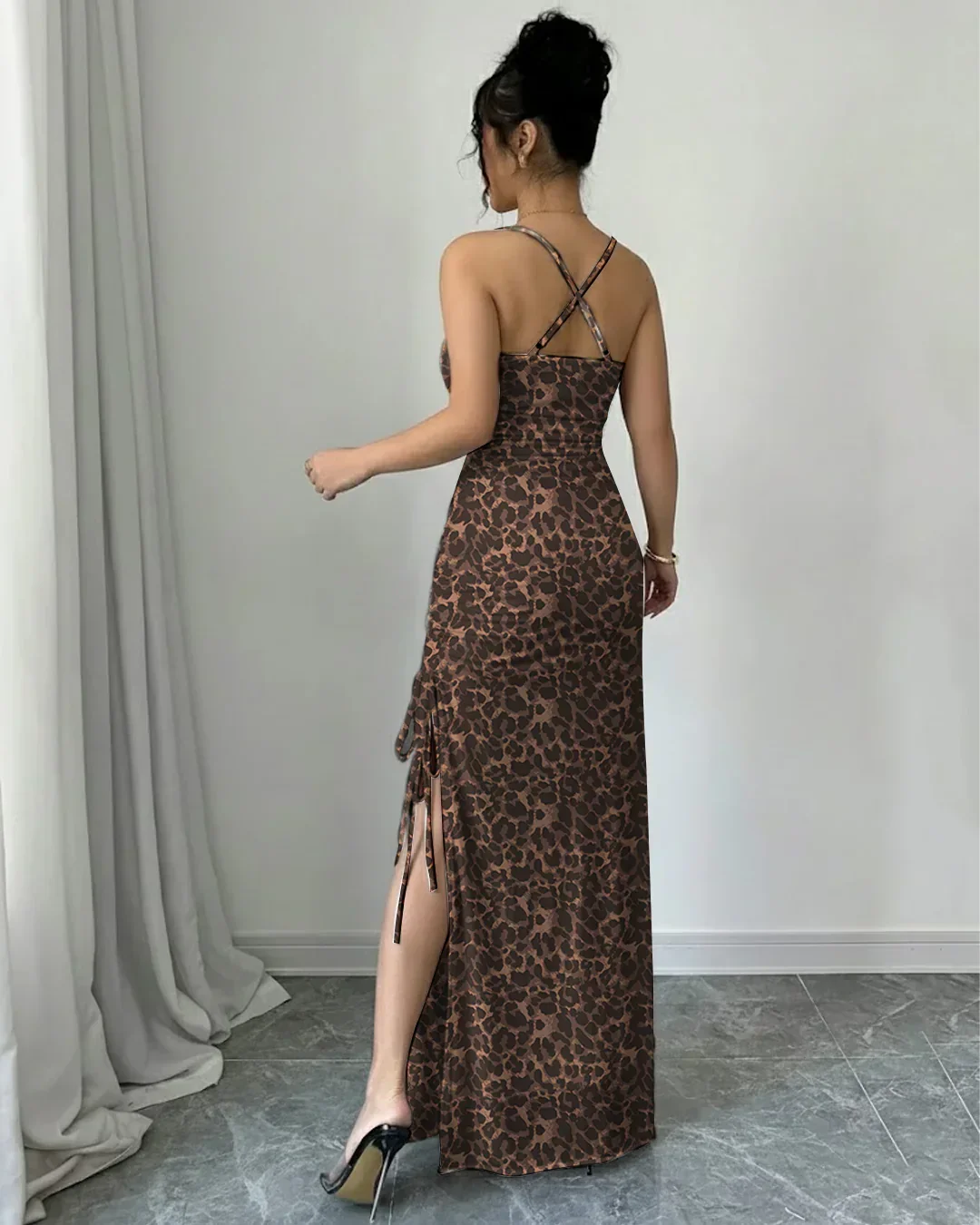 Leopard Print Square Neck Spaghetti Strap Slit Maxi Dress - Image 2