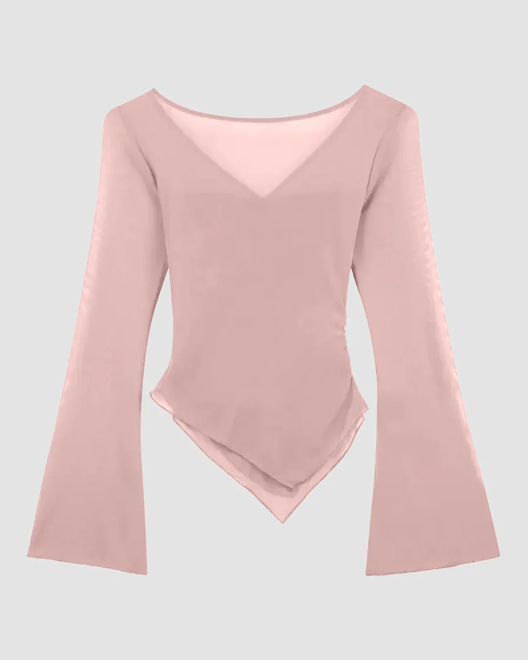Light Pink Ruched Tie Front Asymmetric Full Sleeve Top - Image 3