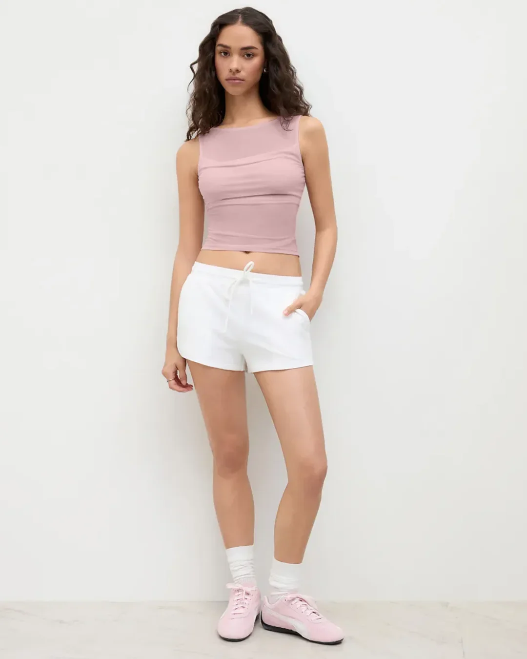 Light Pink Sleeveless Sheer Mesh Ruched Crop Top - Image 3
