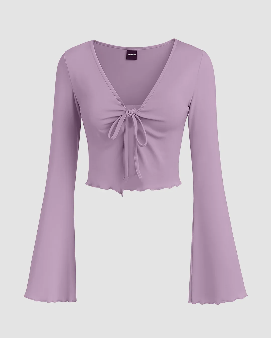 Lilac Solid Tie Front Bell Sleeve Mesh Crop Top