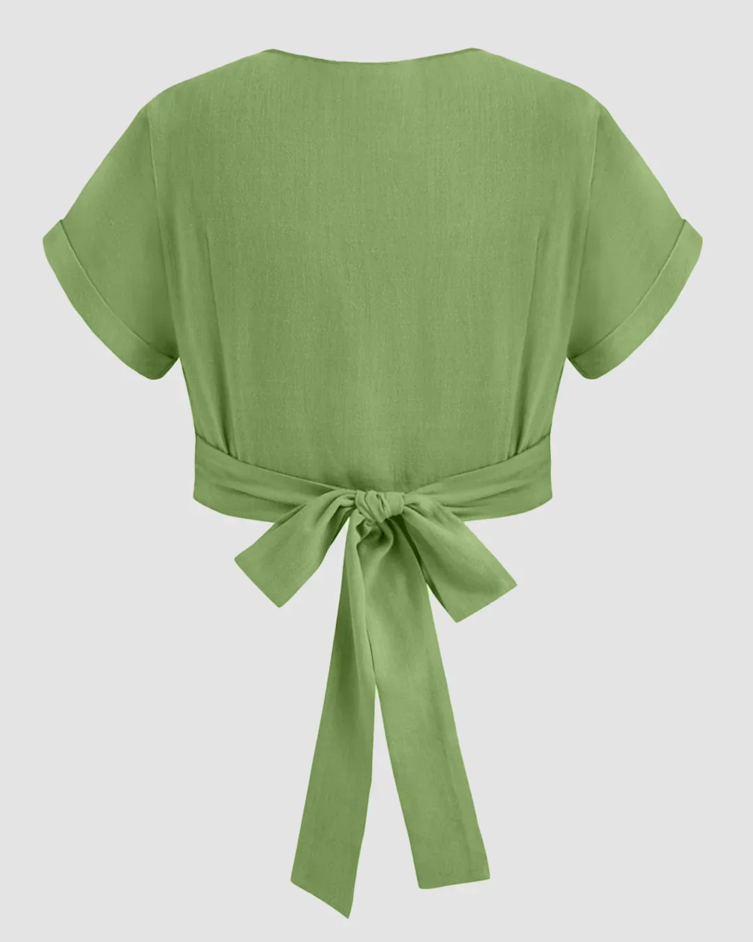 Linen-Blend V-neck Wrap Knotted Roll-up Sleeve Crop Top Curve & Plus  in Light Pista - Image 2
