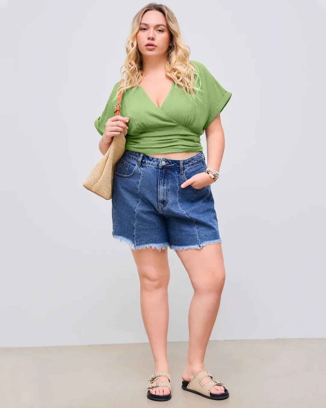 Linen-Blend V-neck Wrap Knotted Roll-up Sleeve Crop Top Curve & Plus  in Light Pista - Image 3