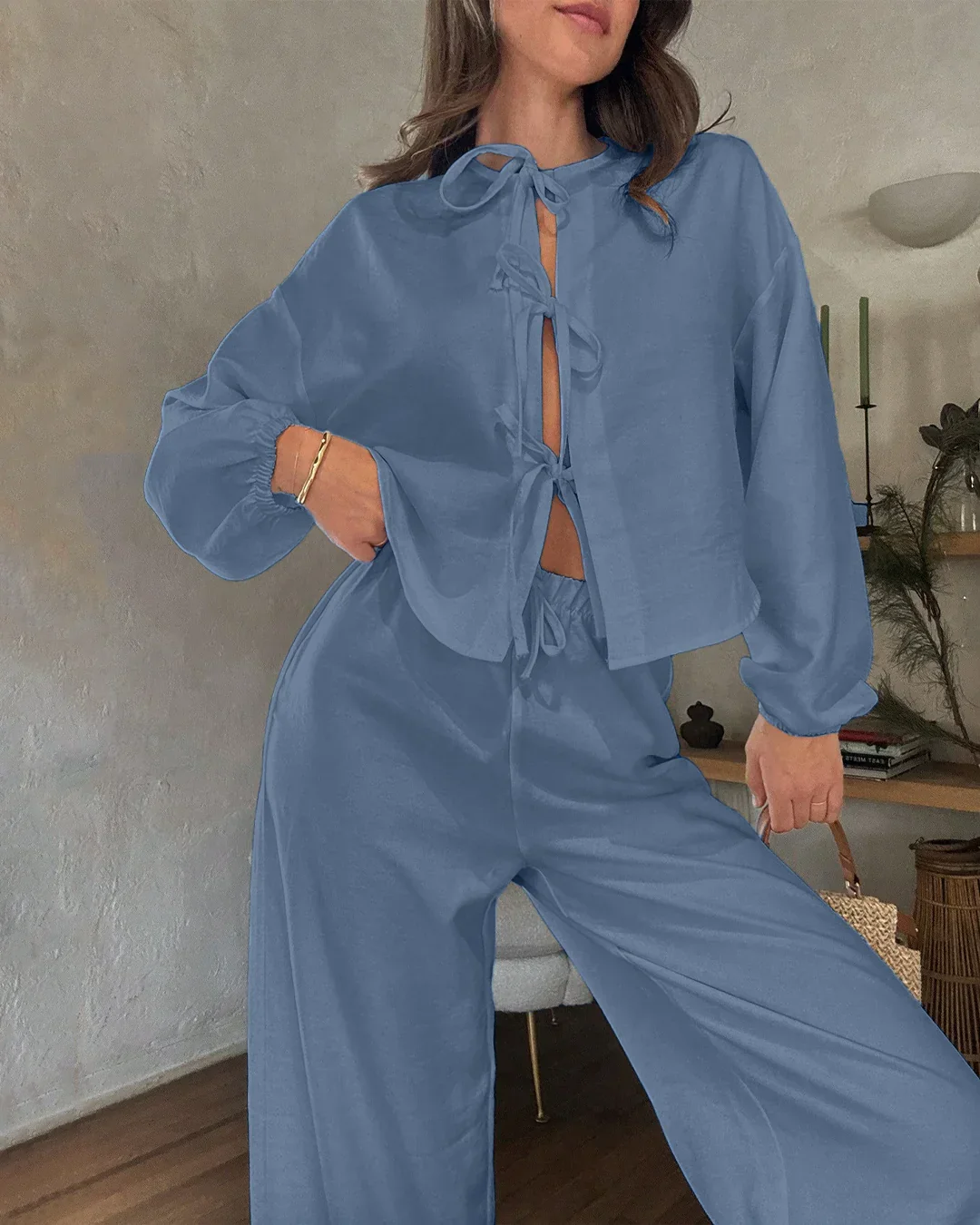 Long Sleeve Button Top & Wide-Leg Trousers Matching Set in French Blue - Image 2