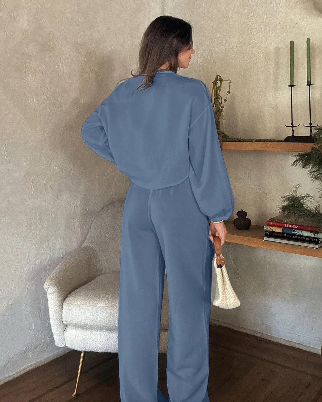 Long Sleeve Button Top & Wide-Leg Trousers Matching Set in French Blue - Image 3