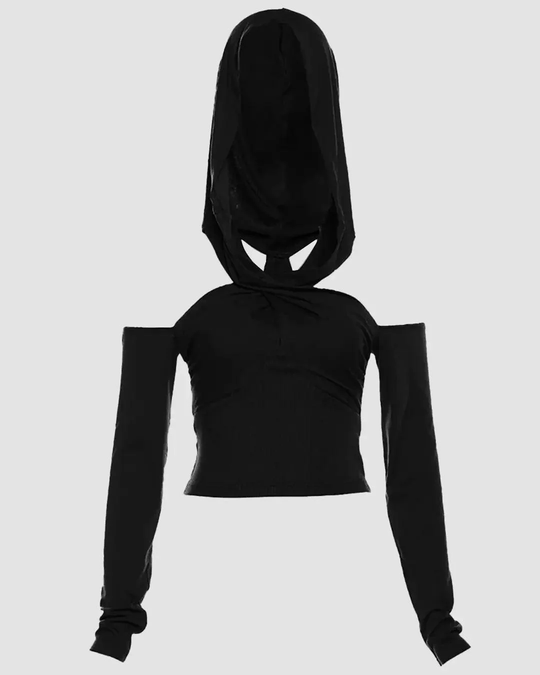 Long-Sleeve Cold Shoulder Hooded Plain Crop Top - Image 3