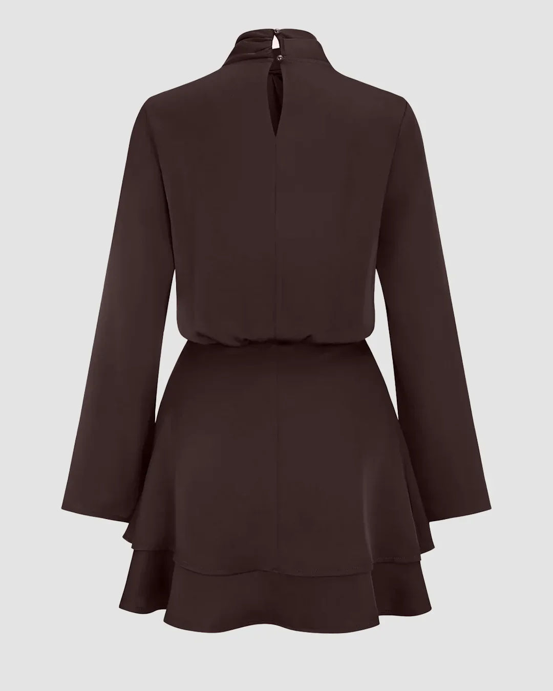 Long Sleeve Cross Neck Satin Tiered Mini Dress in Coffee - Image 2