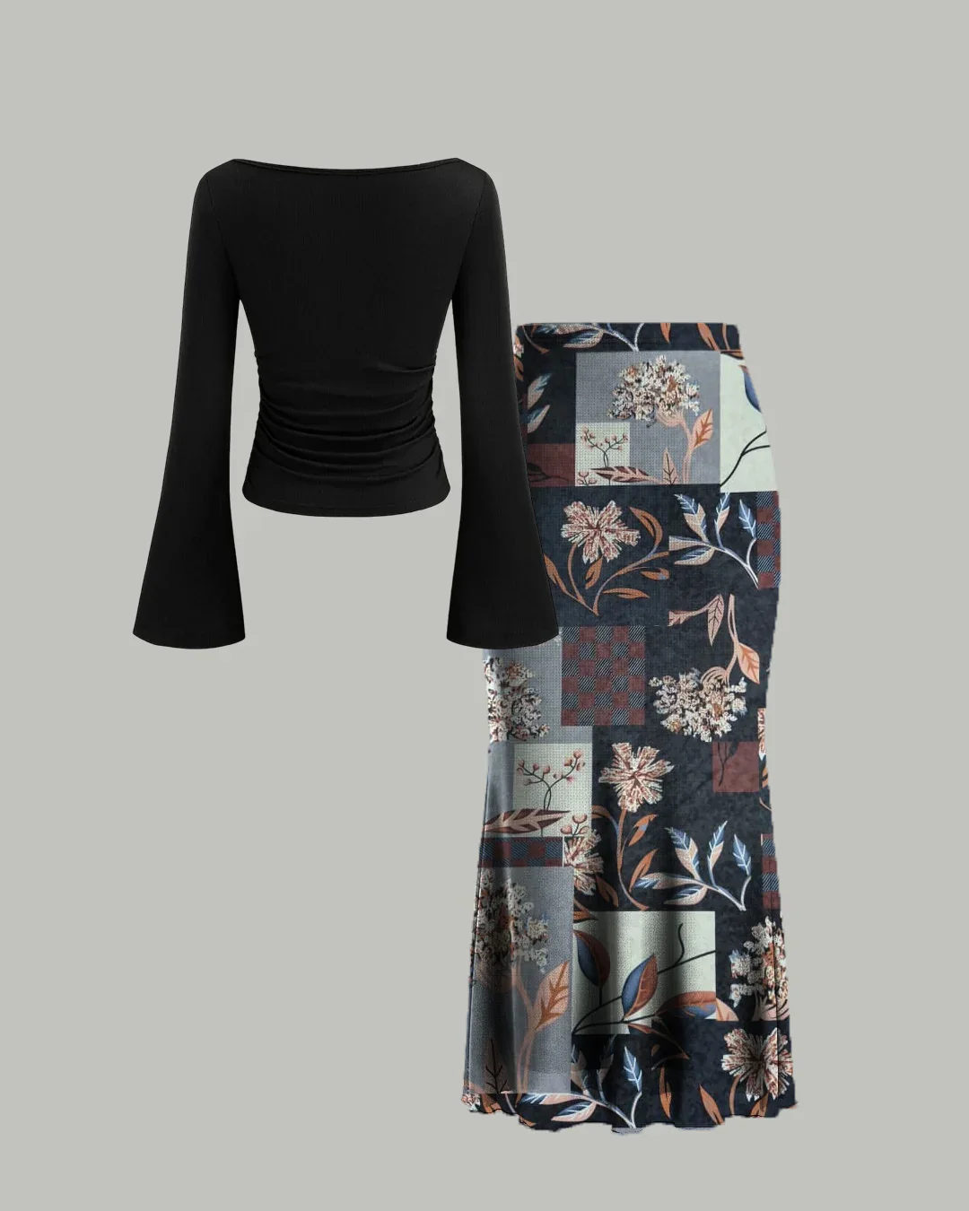 Long Sleeve Fitted Top & Floral Print Midi Skirt Co-ords Set - Image 2