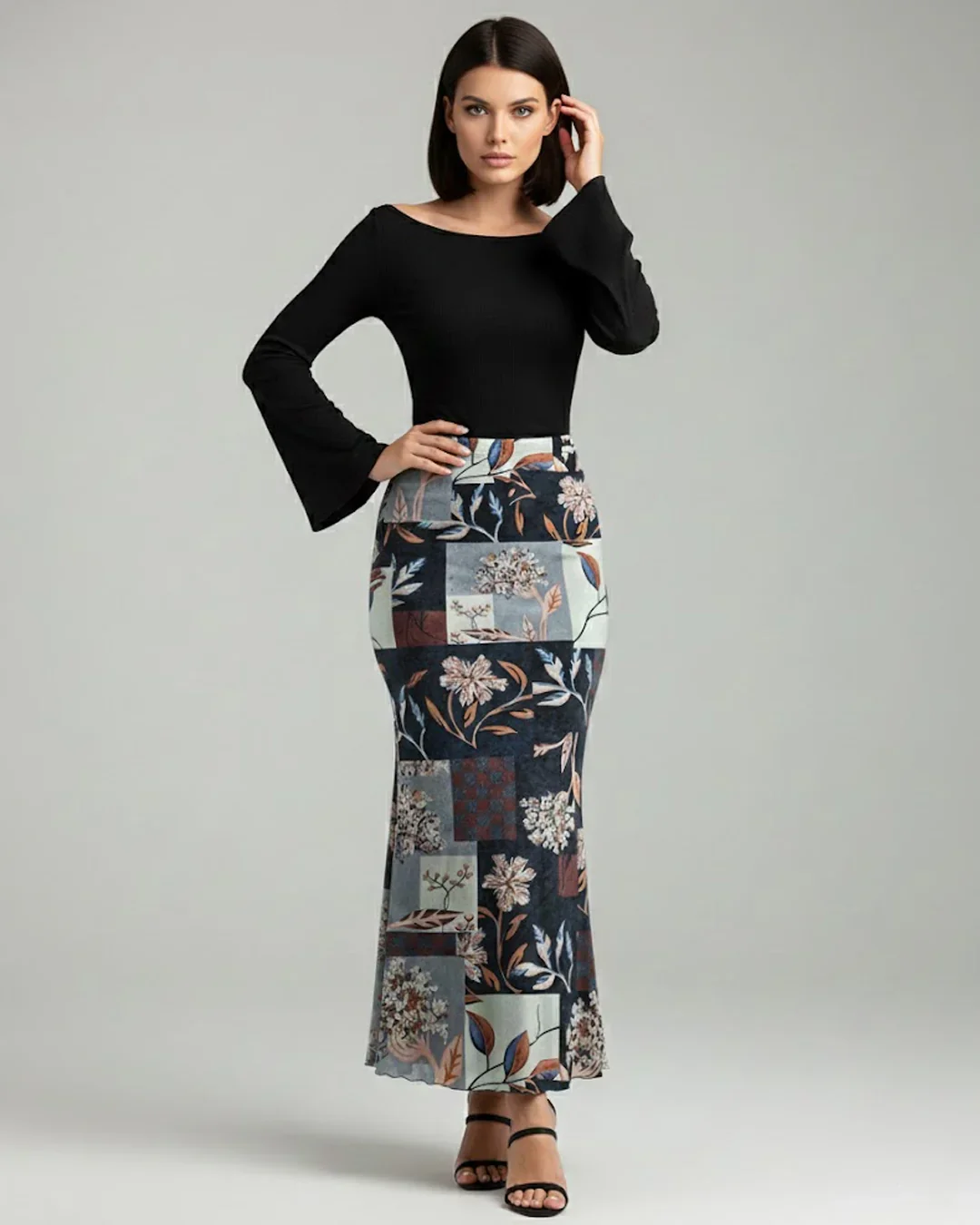Long Sleeve Fitted Top & Floral Print Midi Skirt Co-ords Set - Image 3