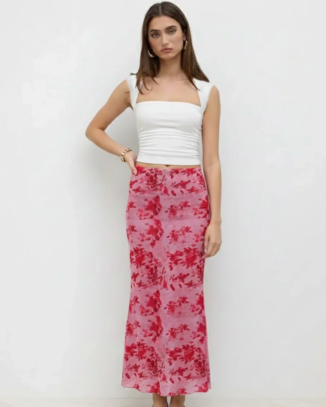 Long Sleeve Fitted Top & Floral Print Midi Skirt Co-ords Set - Image 3