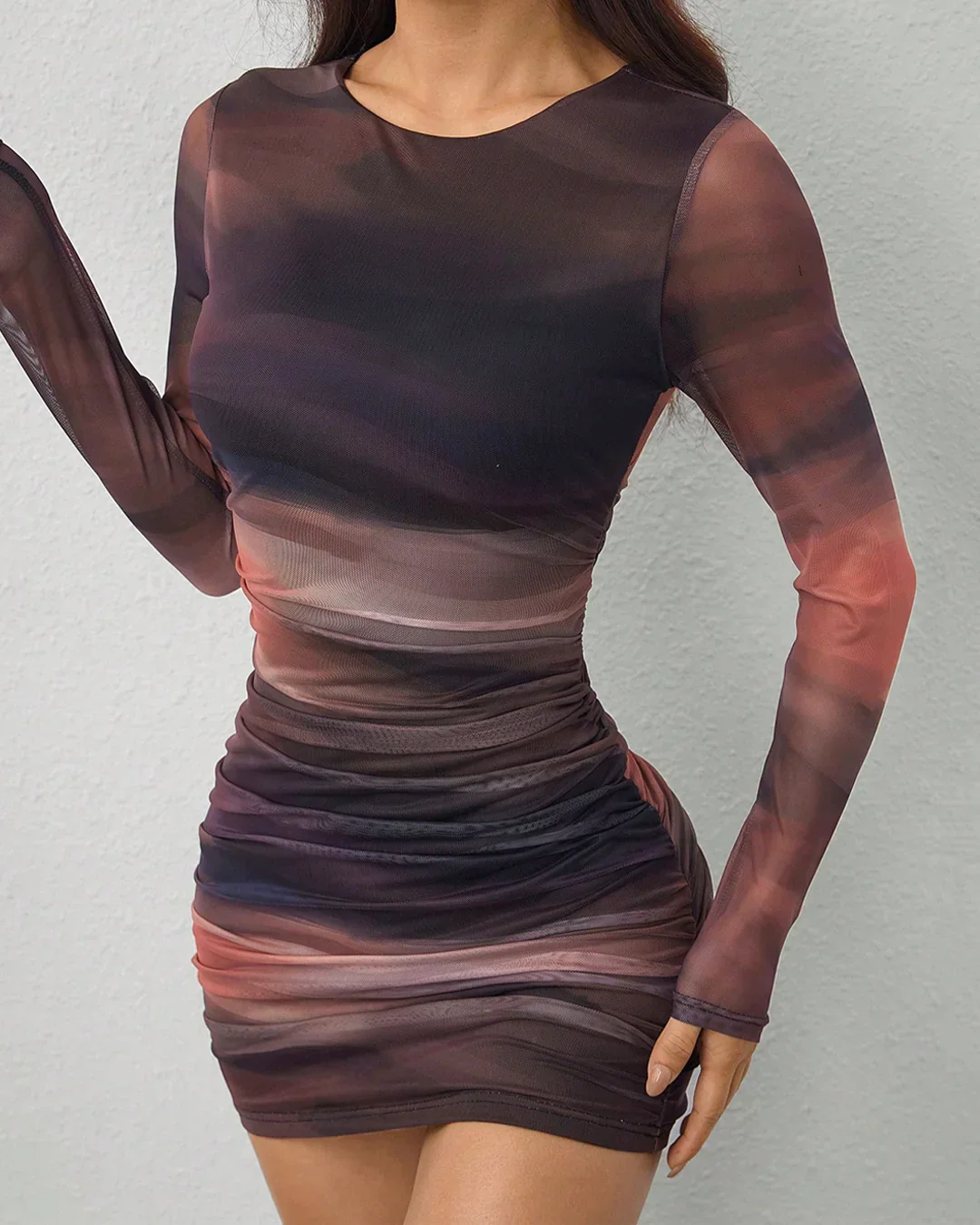 Long Sleeve Mesh Print Ruched Bodycon Mini Dress - Image 2