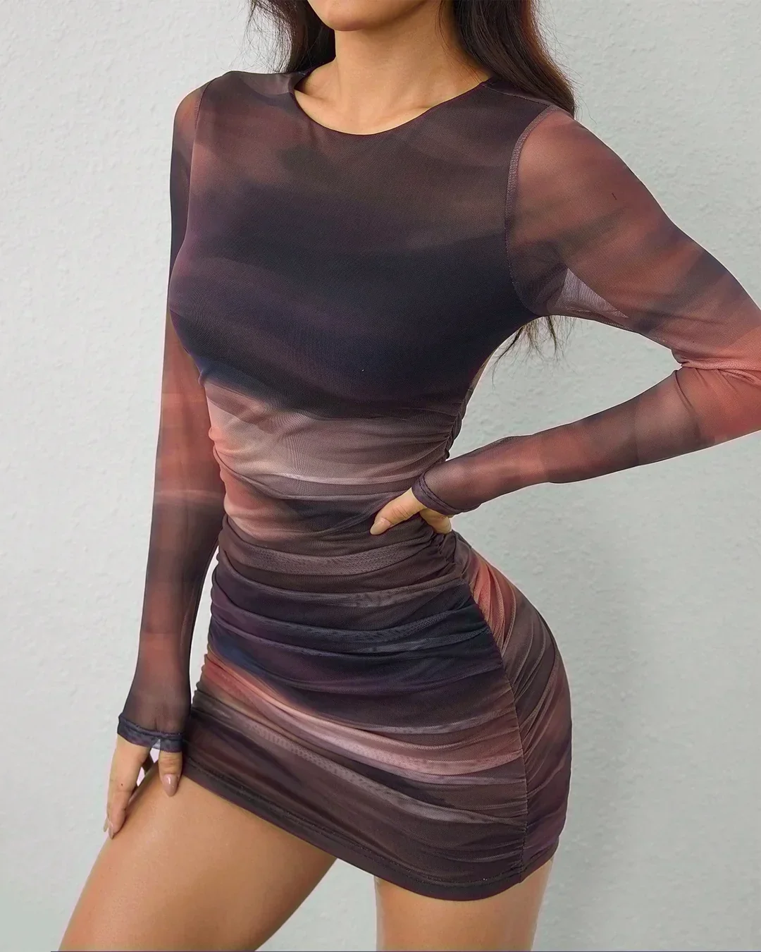 Long Sleeve Mesh Print Ruched Bodycon Mini Dress - Image 3