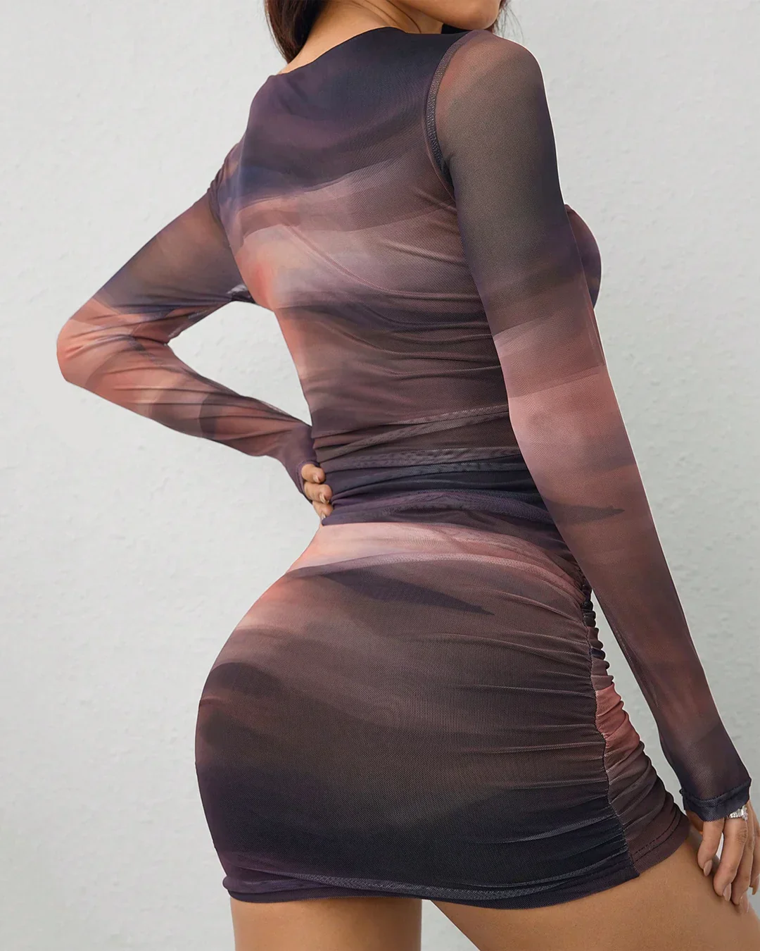 Long Sleeve Mesh Print Ruched Bodycon Mini Dress - Image 4