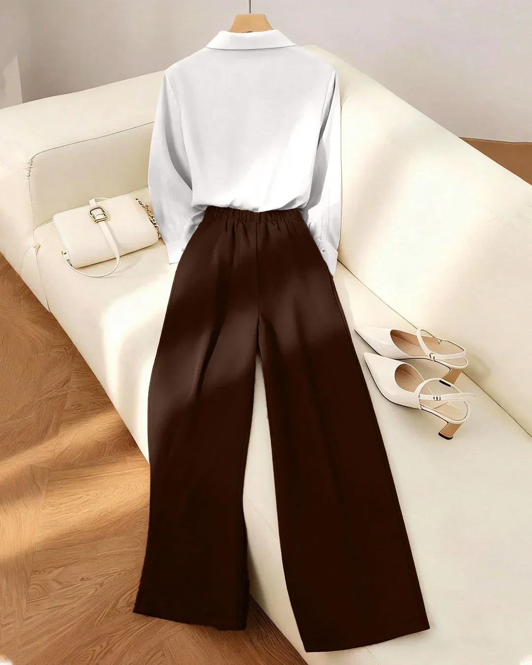 Long Sleeve Top and Dark Brown Straight Leg Pants Two Piece Set - Image 2
