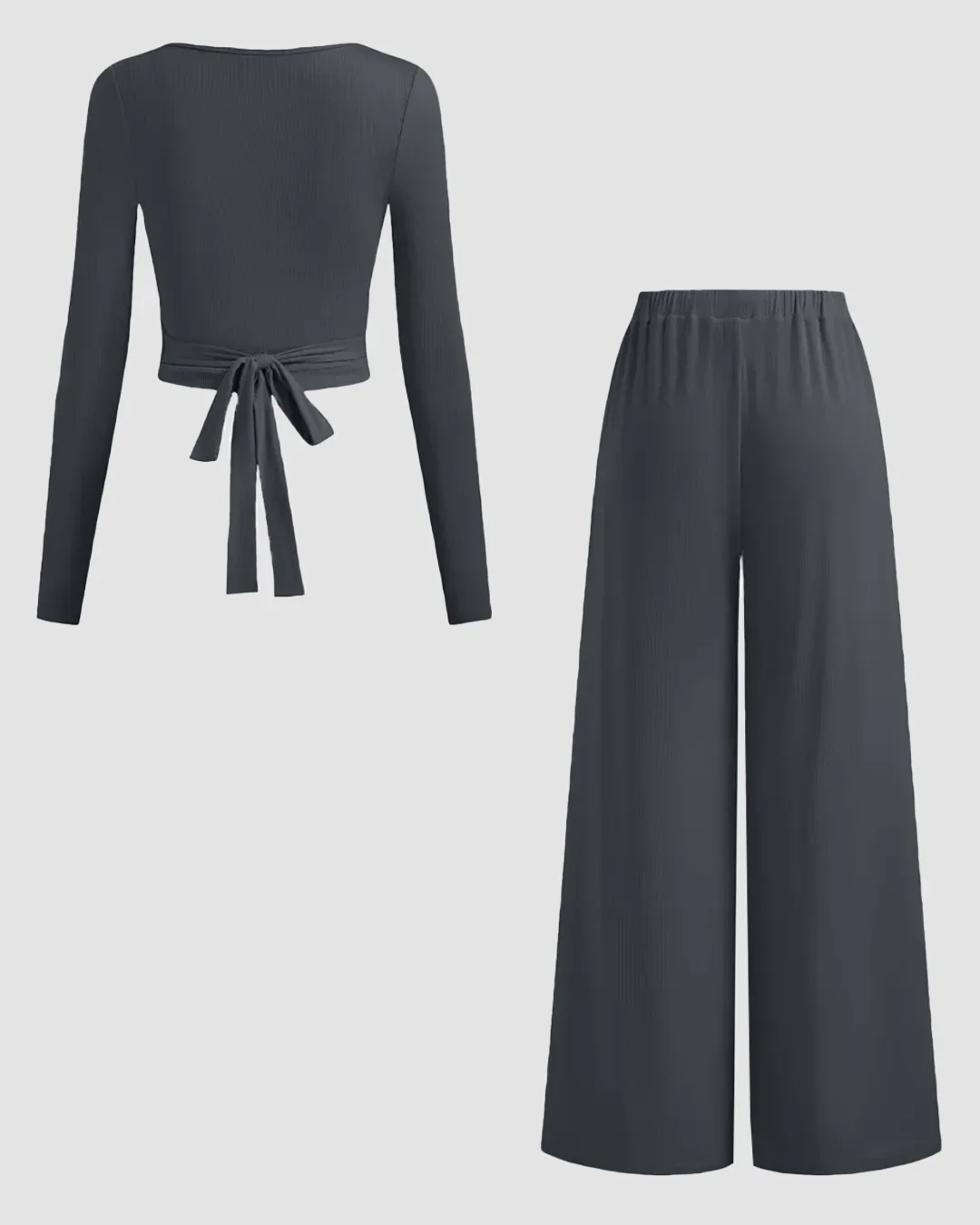 Long Sleeve Wrap Top & Wide-Leg Trousers Co-ords Set in Dark Grey - Image 2