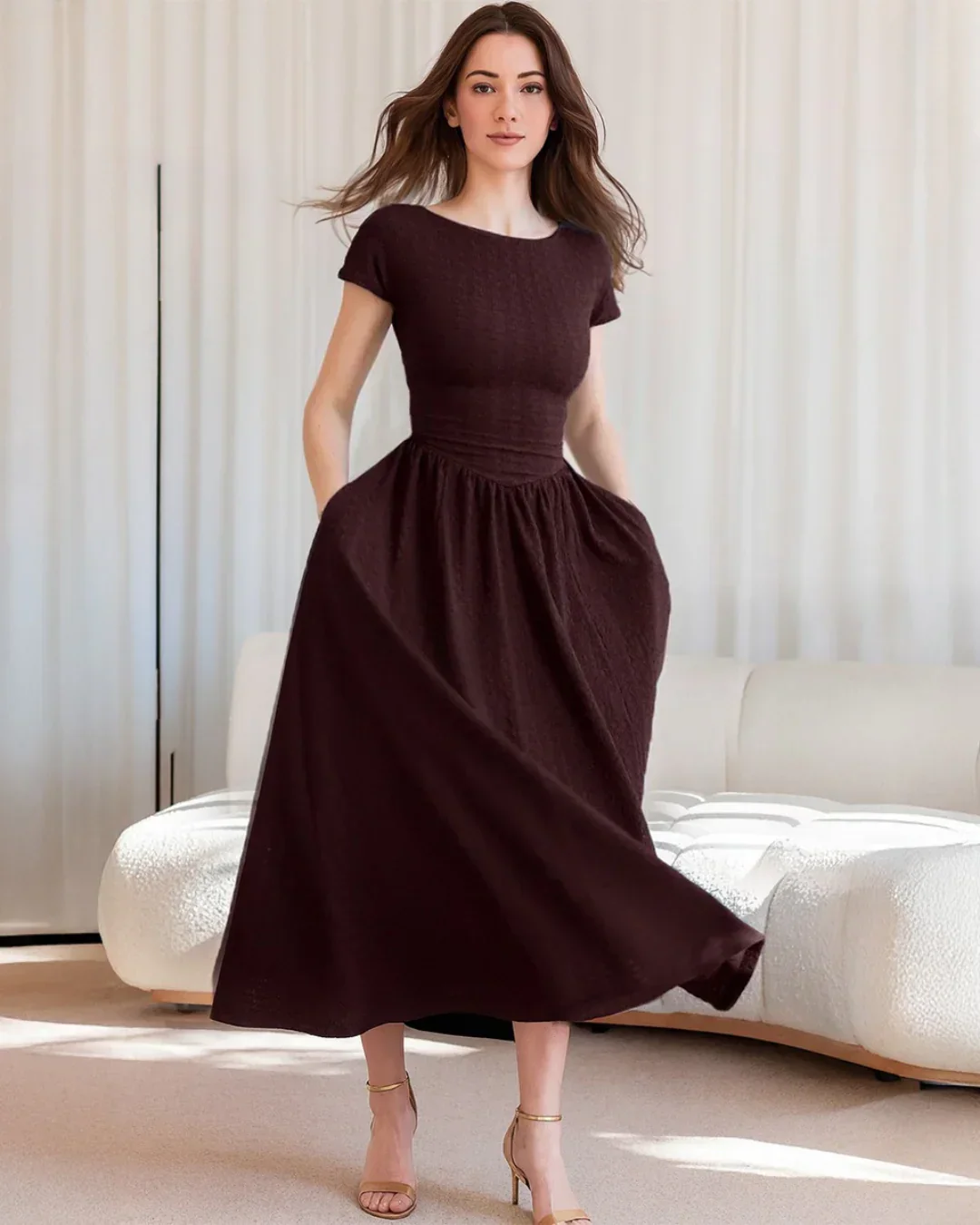 Maroon Cap Sleeve Fit and Flare Midi Dress - Image 2