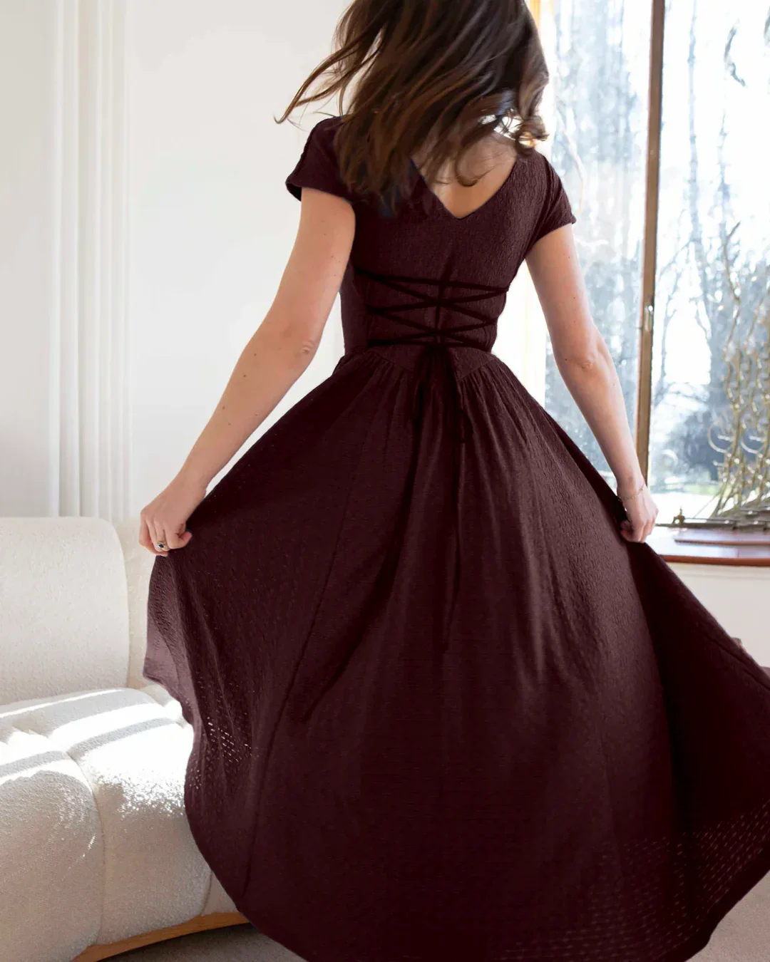 Maroon Cap Sleeve Fit and Flare Midi Dress - Image 3