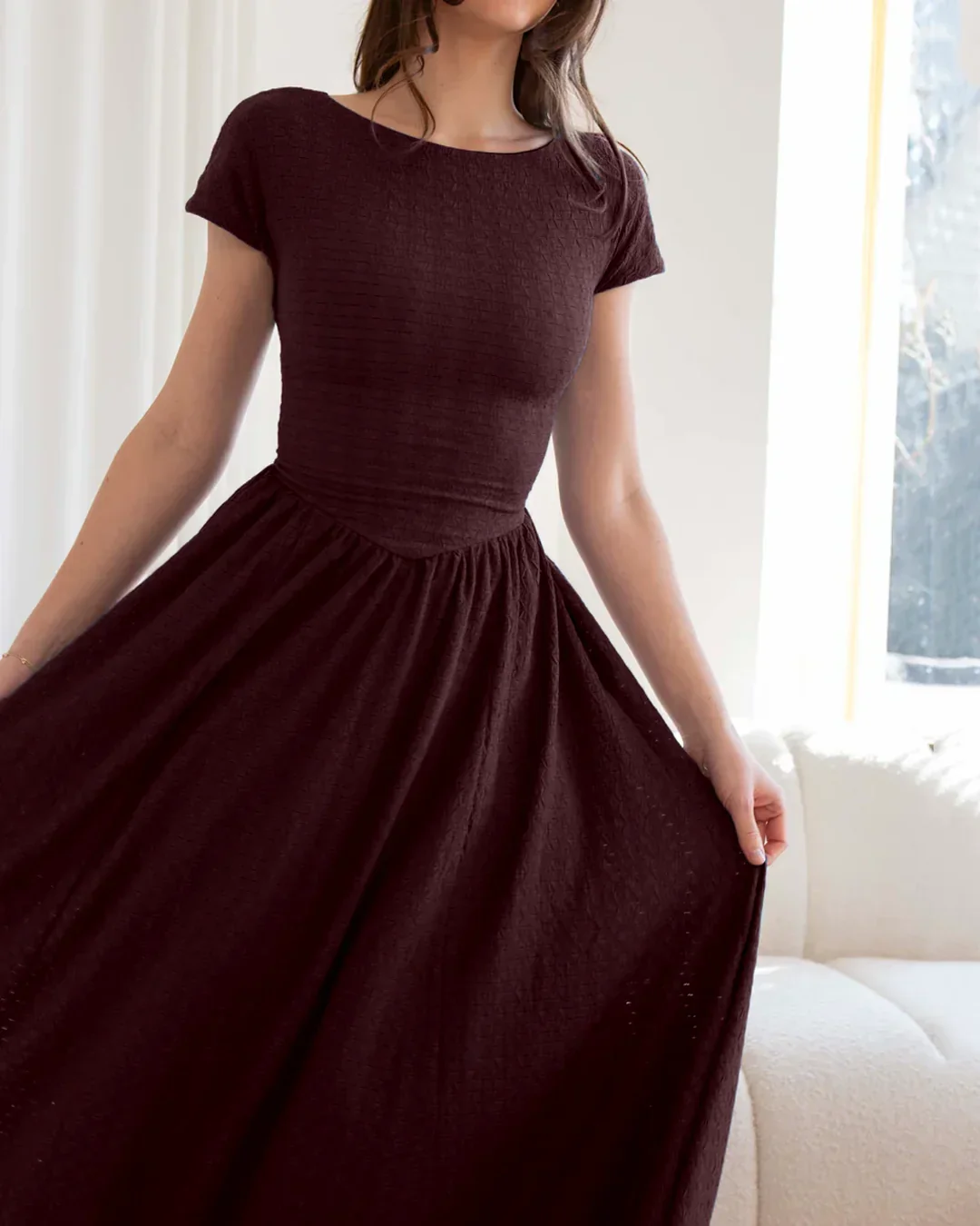 Maroon Cap Sleeve Fit and Flare Midi Dress - Image 4