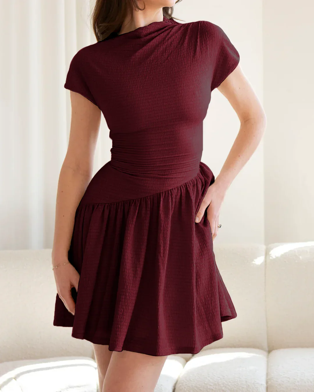 Maroon Cap Sleeve Flared Mini Dress - Image 2