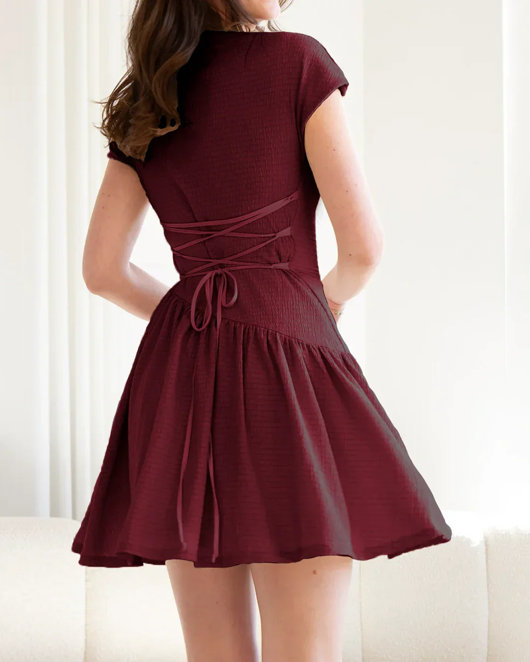 Maroon Cap Sleeve Flared Mini Dress - Image 3
