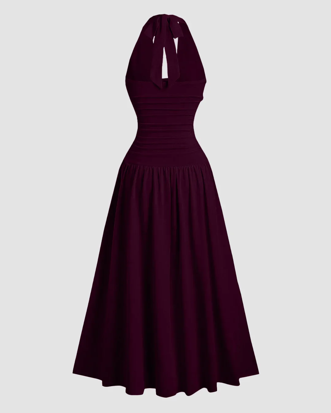 Maroon Flared Pleated Low-Neck Halter Tie Maxi Dress - Image 2