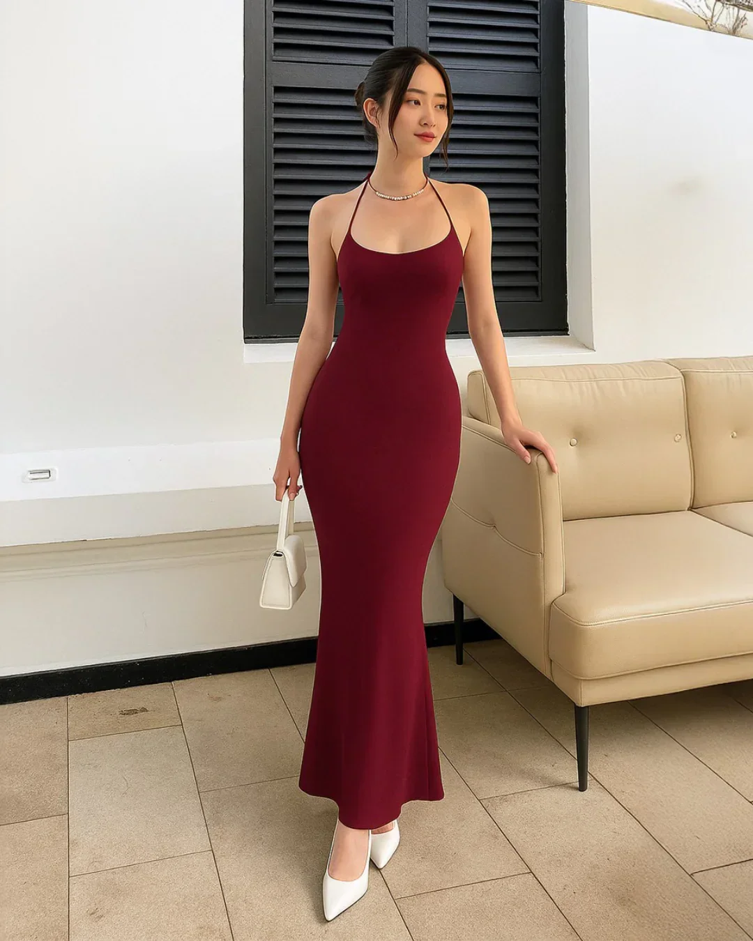 Halter Neck Bodycon Dress with Open Back in Maroon - Image 2