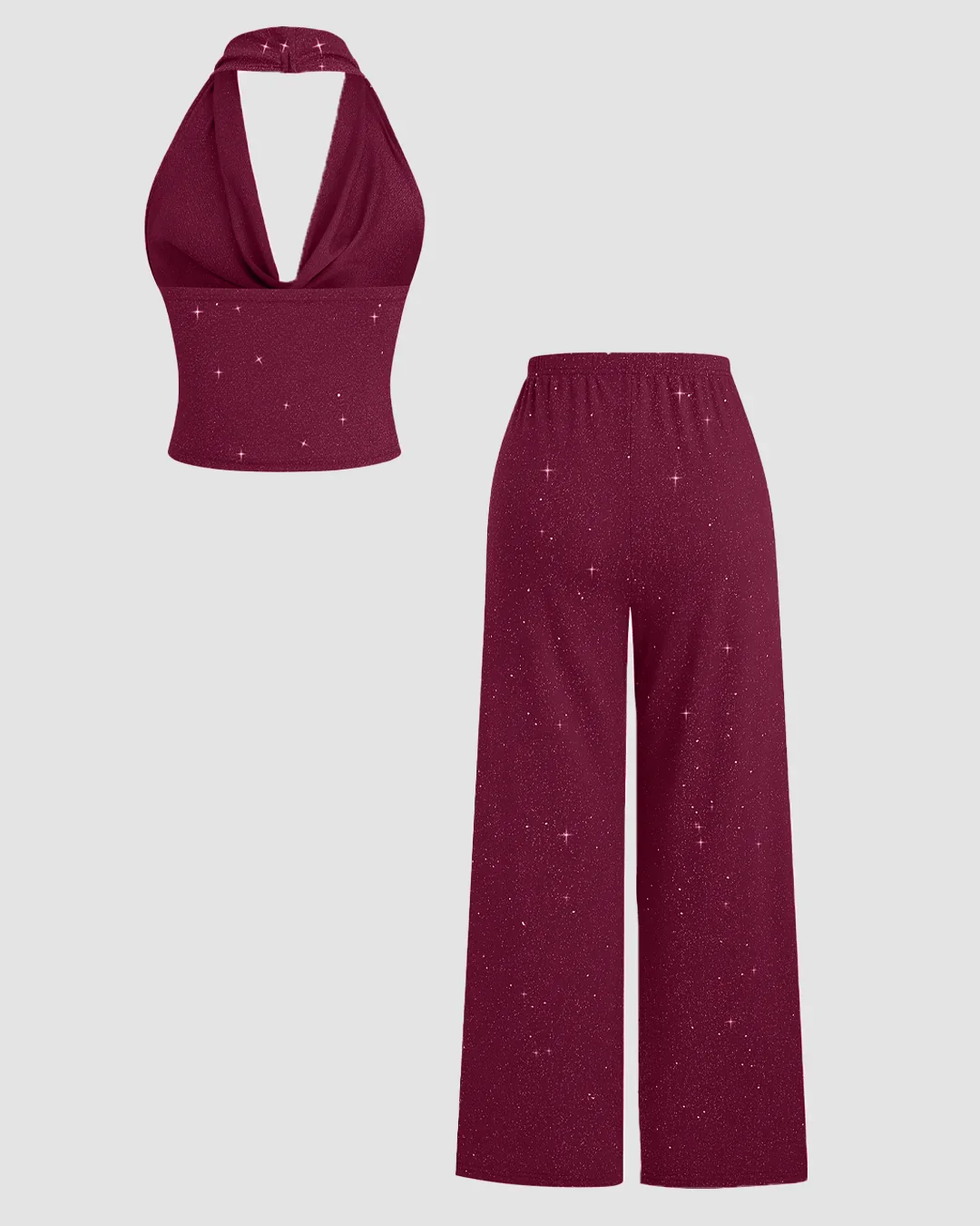 Maroon Halter Neck Crop Top & Wide-Leg Trousers Co-ords Set - Image 2