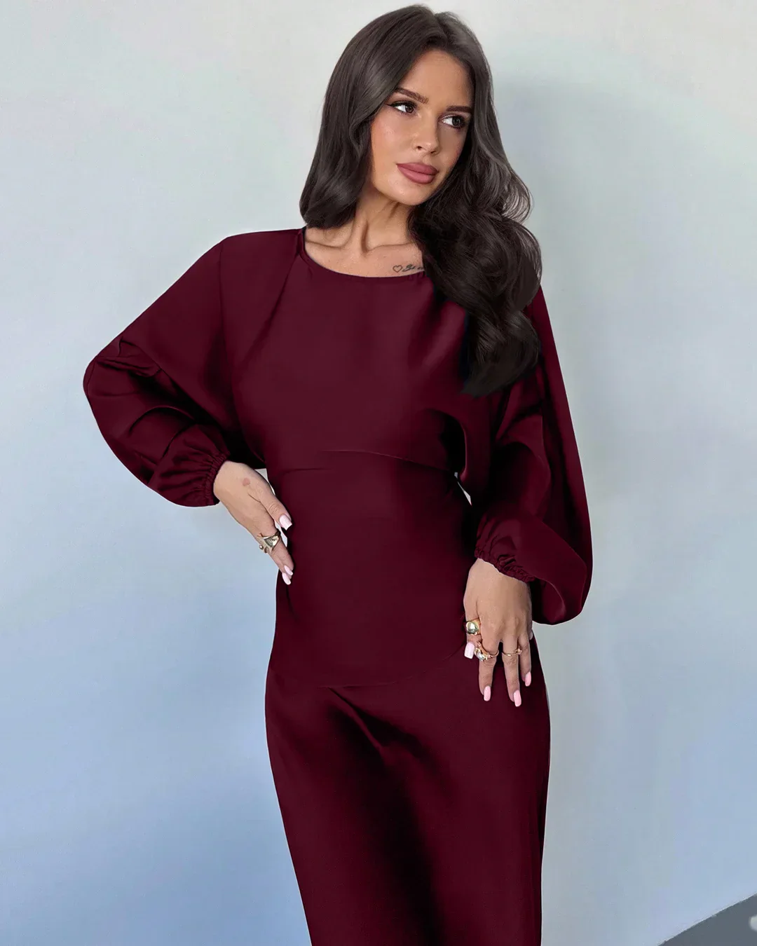 Maroon Long Sleeve Draped Top & Fitted Skirt Co-ords Set - Image 2