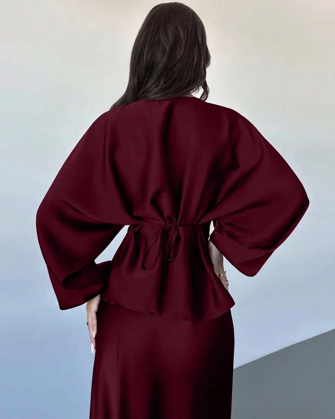 Maroon Long Sleeve Draped Top & Fitted Skirt Co-ords Set - Image 3
