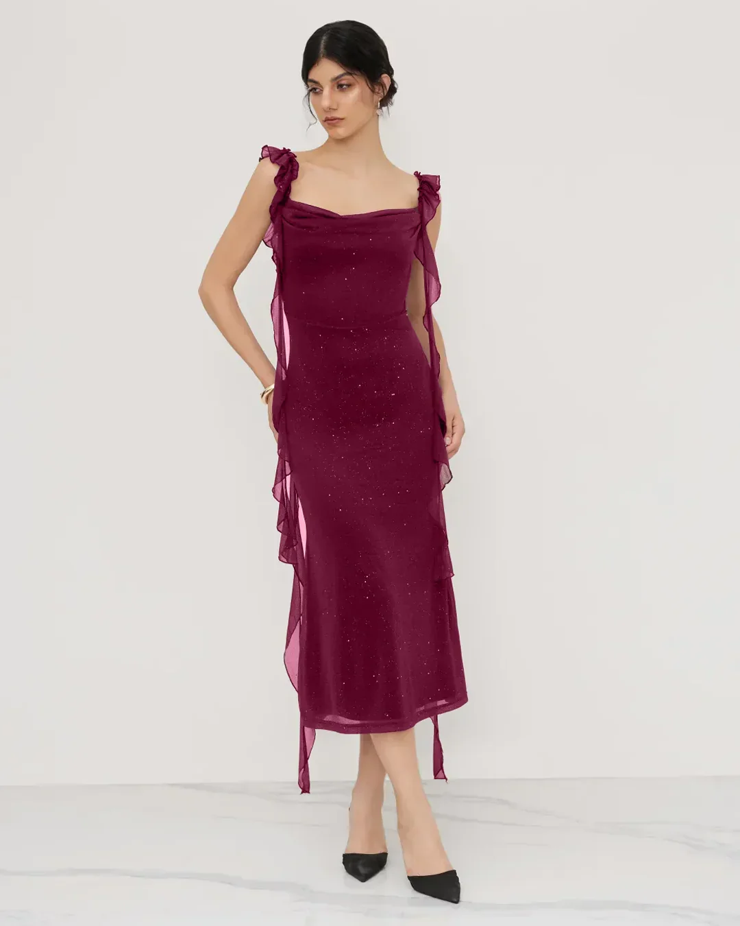 Square Neck Bodycon Midi Dress in Maroon - Image 2