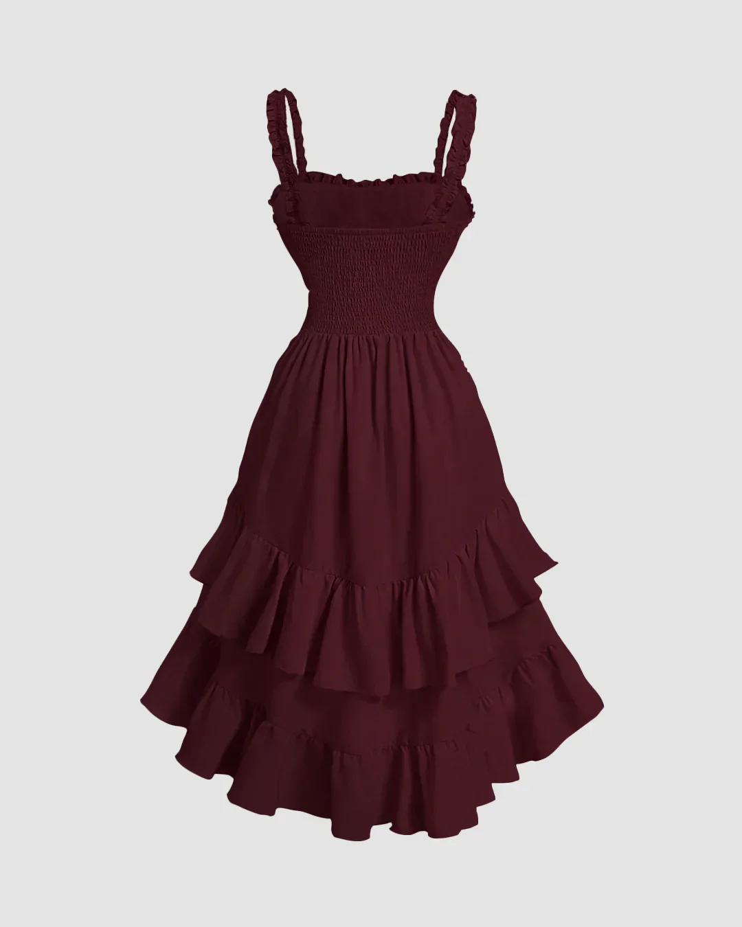 Maroon Ruched Square Neck Ruffle High-Low Midi Dress with Ruffle Hem - Image 3
