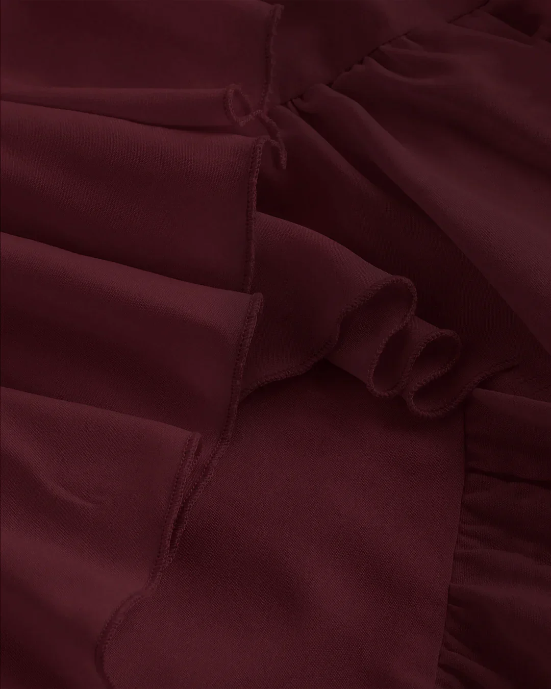 Maroon Ruched Square Neck Ruffle High-Low Midi Dress with Ruffle Hem - Image 4