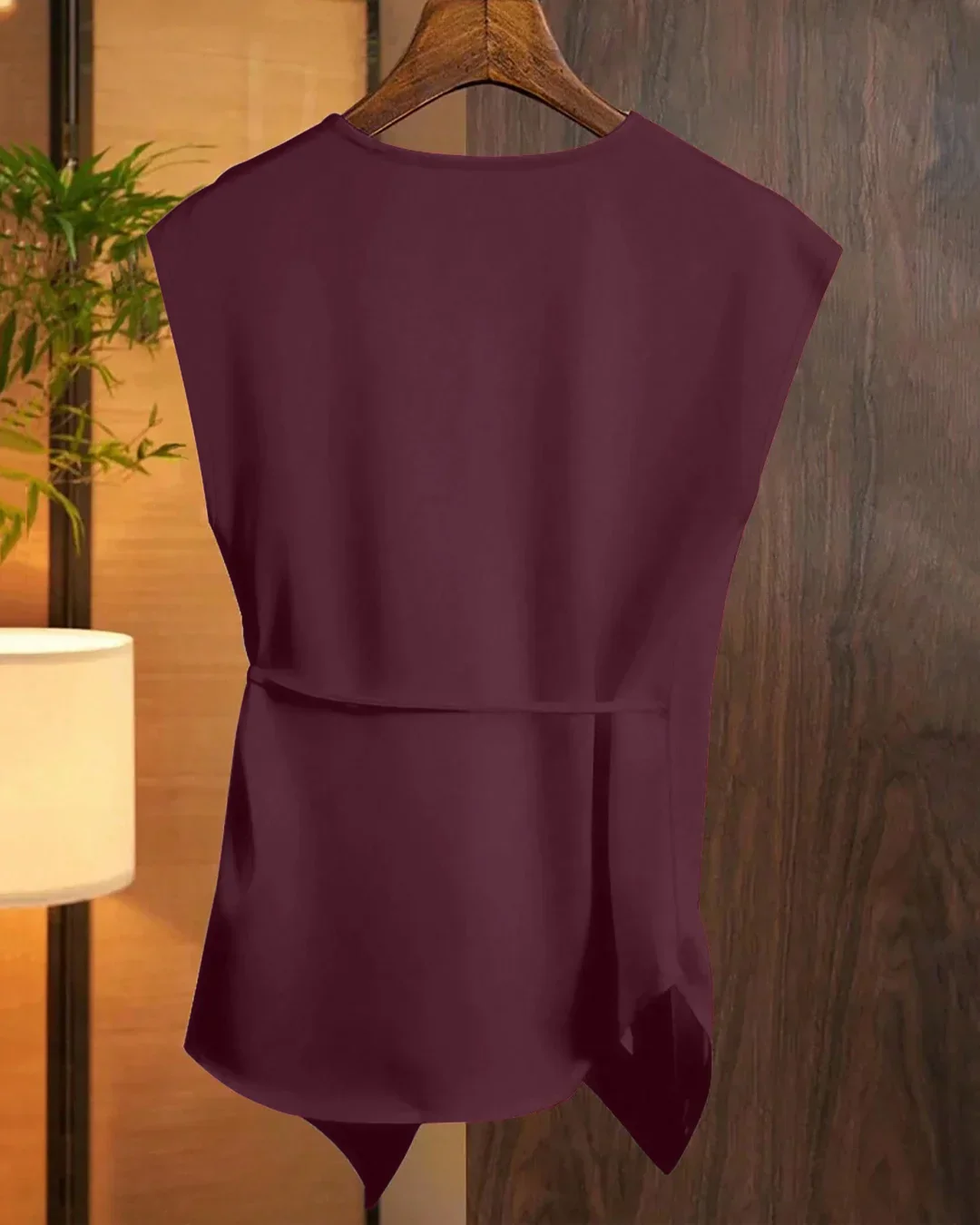 Maroon Solid Color Deep V-Neck Twist Knot Asymmetrical Top - Image 2
