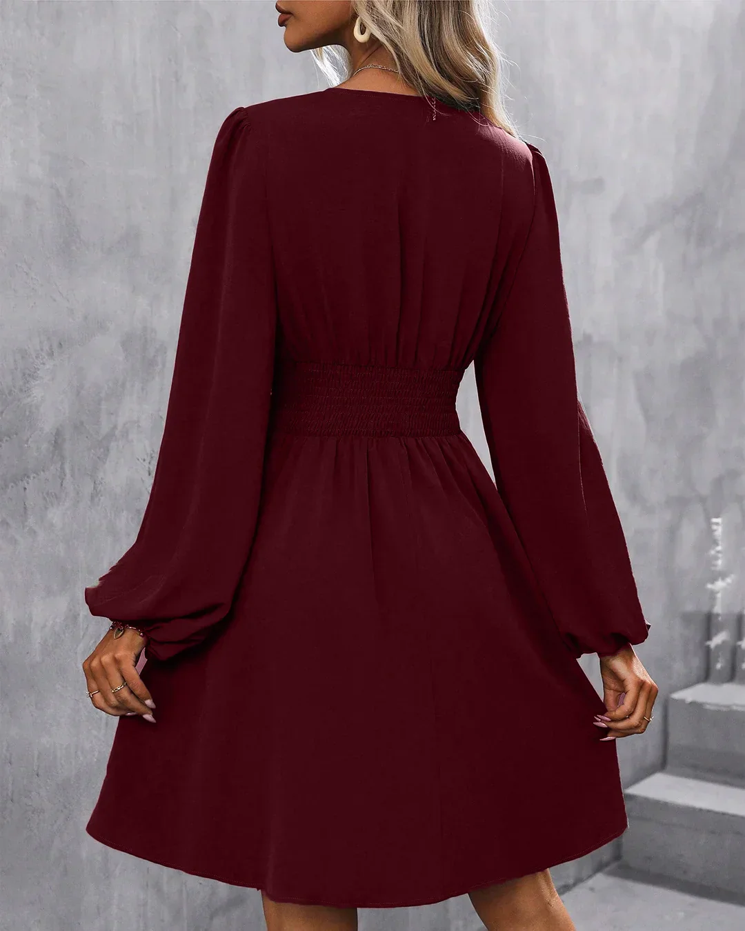 Maroon V-Neck Lantern Sleeve Ruched Waist Mini Dress - Image 2