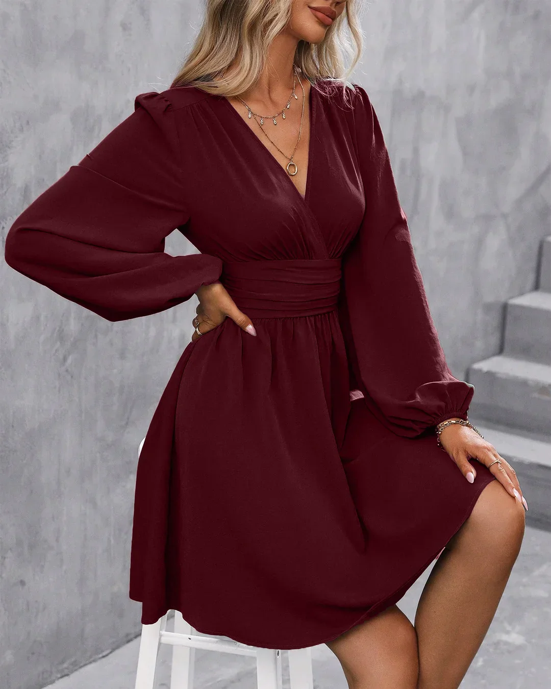 Maroon V-Neck Lantern Sleeve Ruched Waist Mini Dress - Image 3