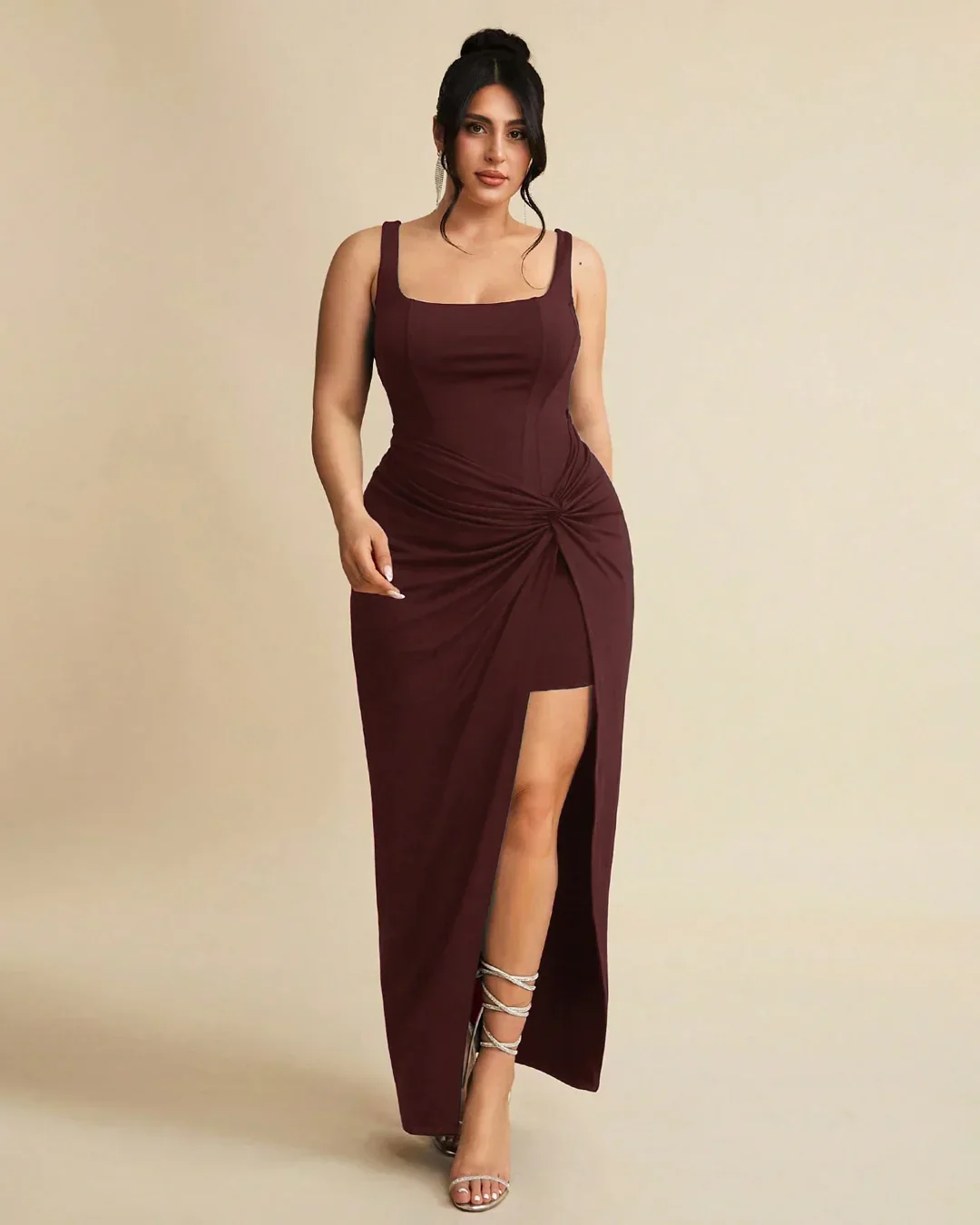 Maroon Wrap Front Corset Style Maxi Dress Curve & Plus - Image 3