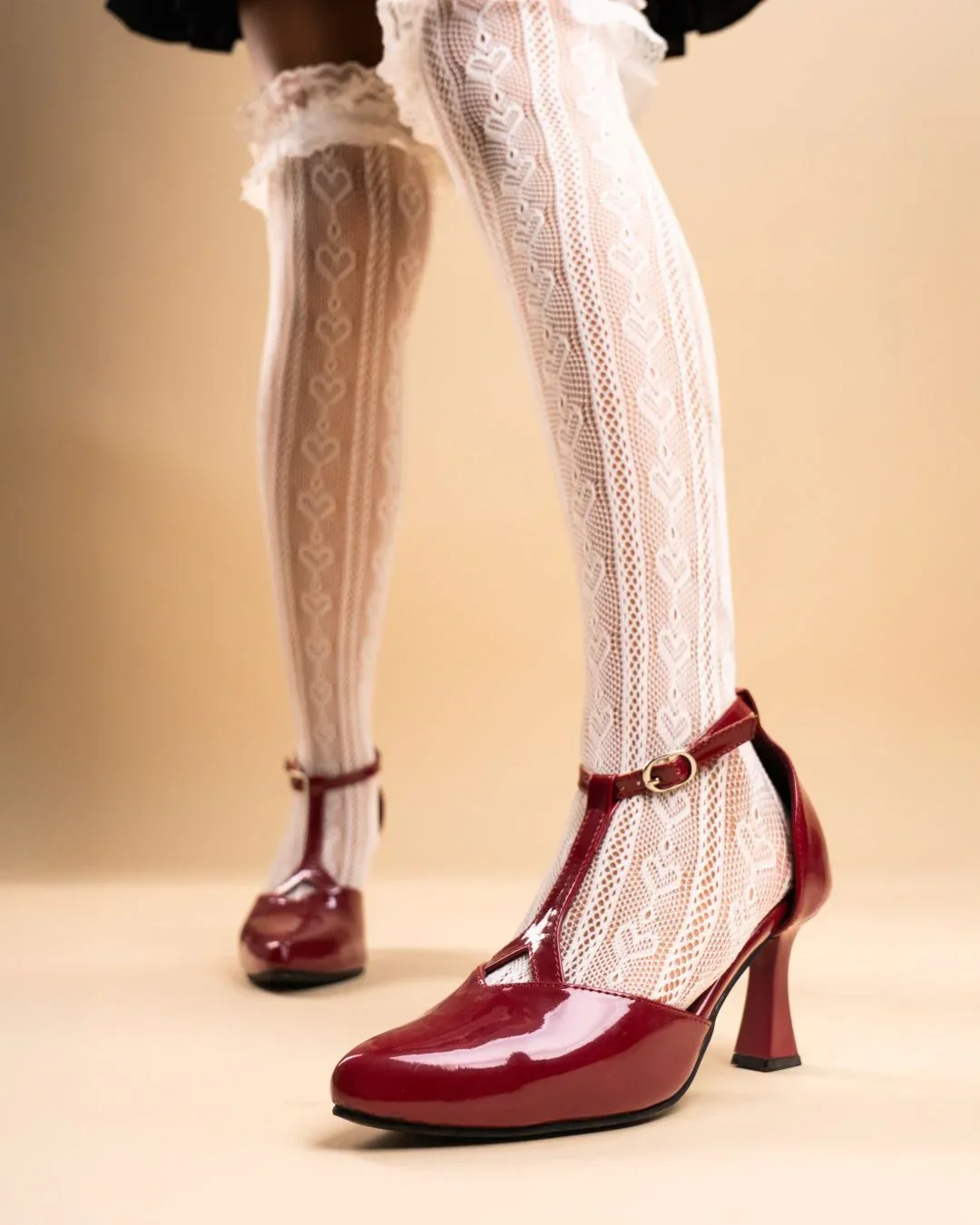 Mary Jane Vintage T Strap Closed Round Toe Heels In Cherry - Image 4