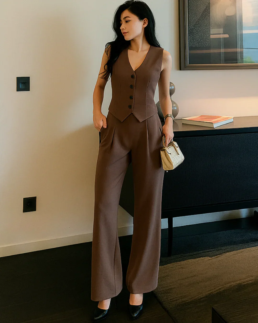 Matching Set of Vest Coat and Trousers in Cappuccino - Image 2