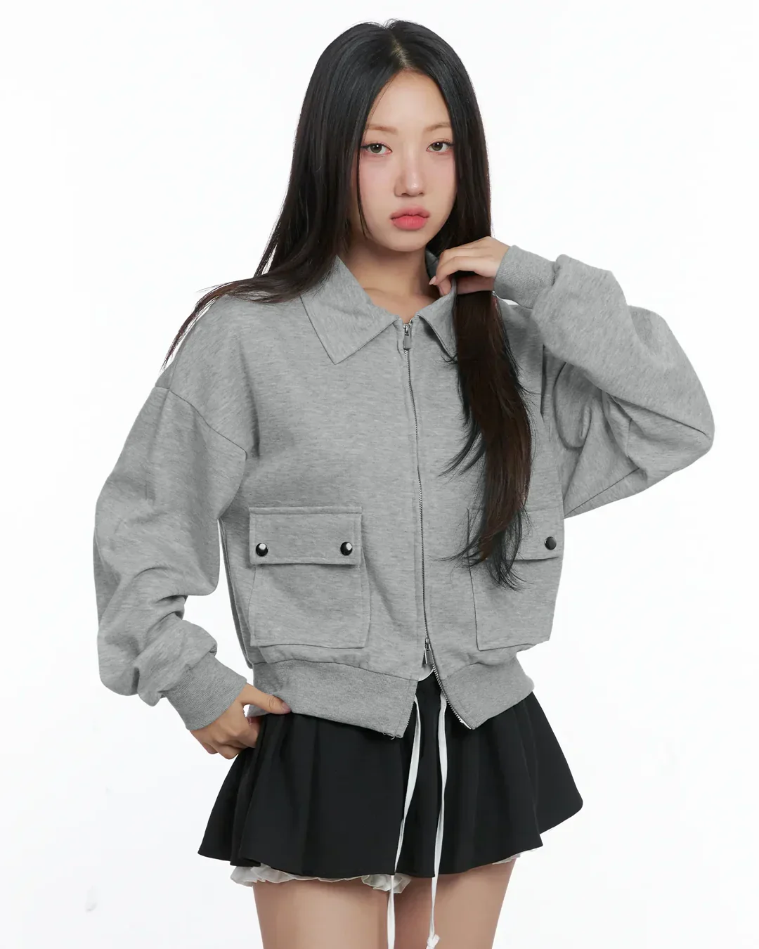 Mélange Zip Up Collar Long Sleeve Jacket with Front Pockets - Image 2