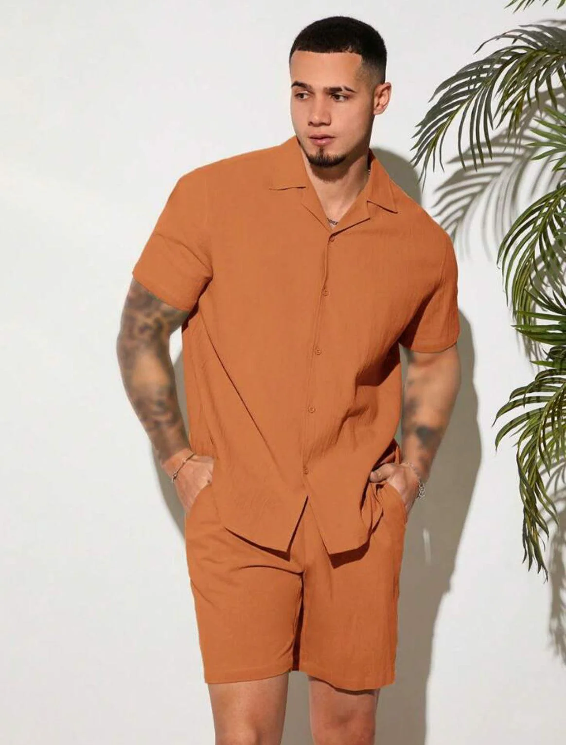 Men Basic Rust Orange Shirt & Drawstring Waist Shorts Set - Image 3