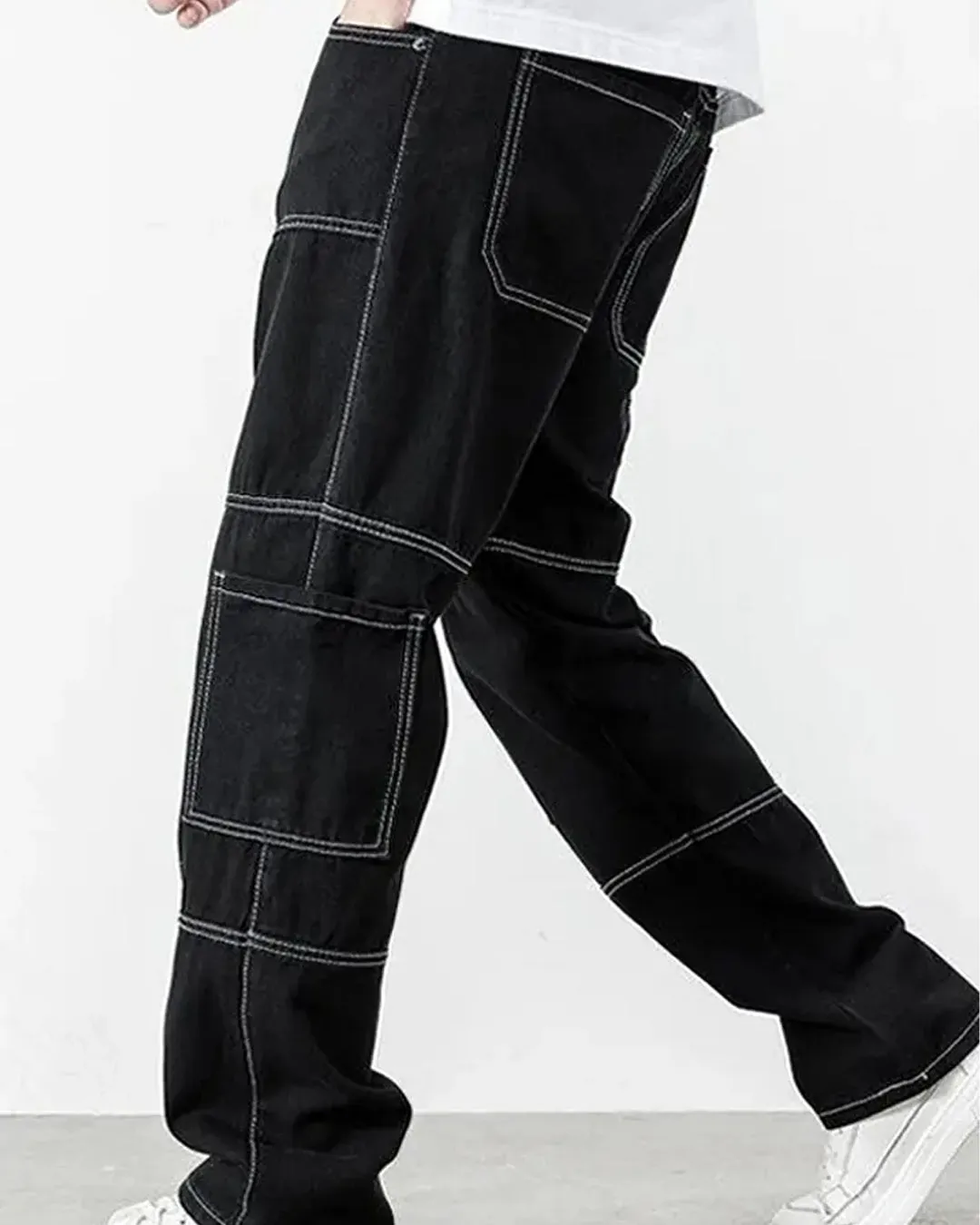 Men Contrast Stich Multiple Pockets Baggy Cargo In Black - Image 2