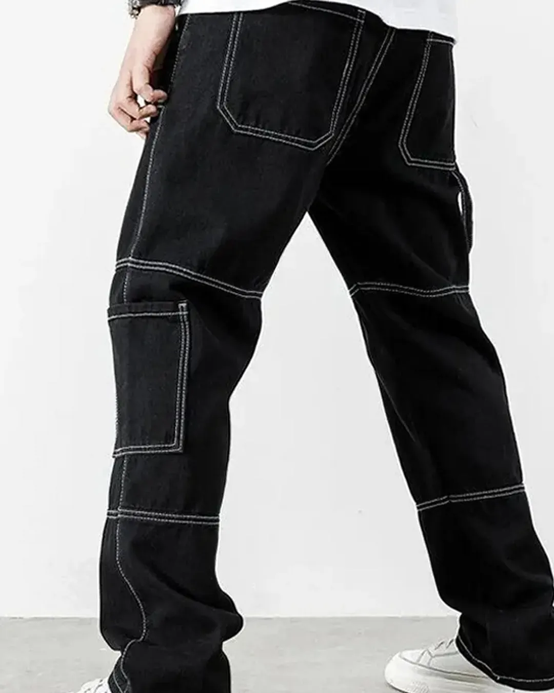 Men Contrast Stich Multiple Pockets Baggy Cargo In Black - Image 3