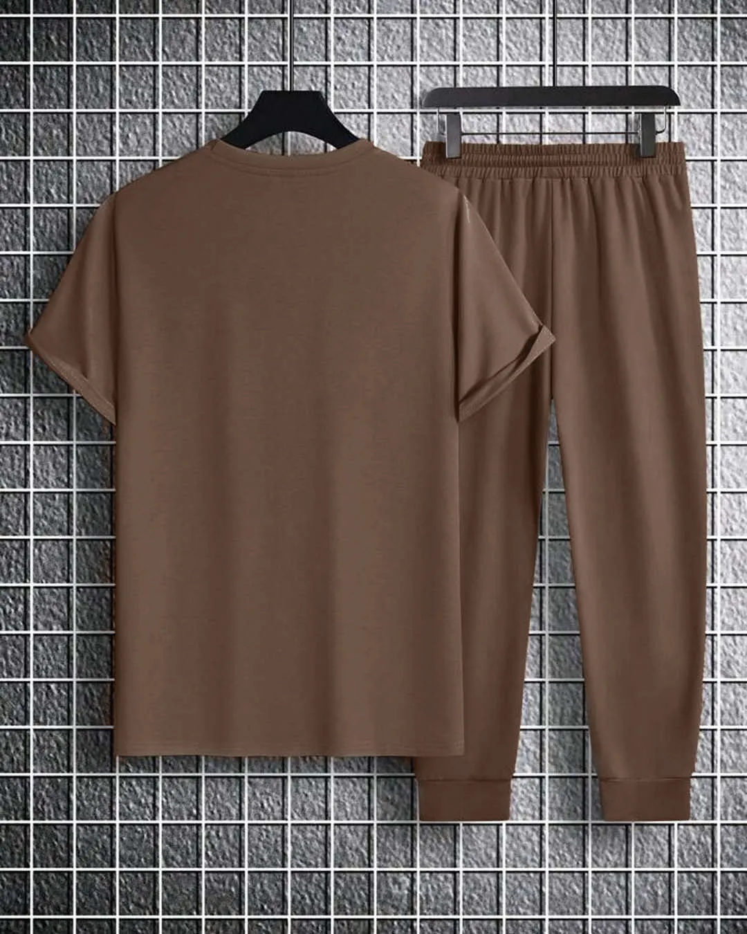 Men Crew Neck Short Sleeve Flap Pocket Drawstring Casual Comfortable Set in Chocolate Brown - Image 7