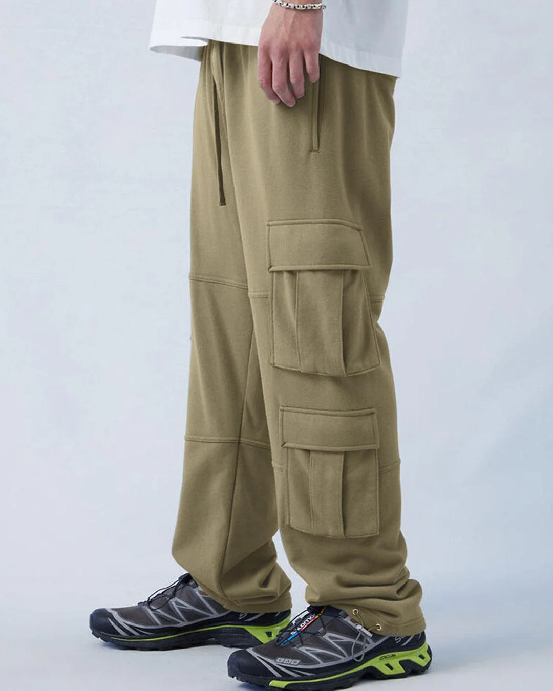 Men Relaxed Fit Terry Olive Straight Cargo Pants - Image 3
